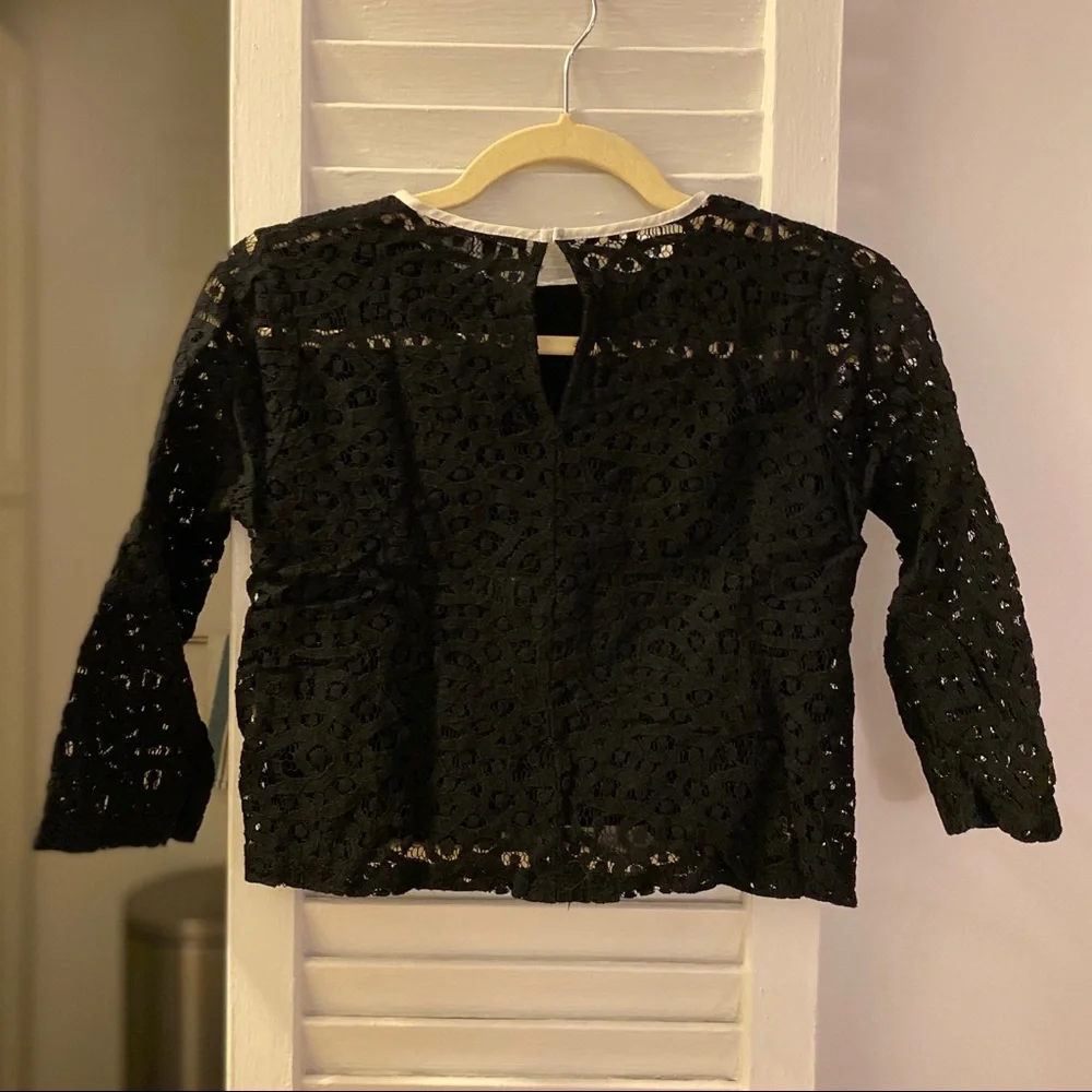 Zara Black Lace Long Sleeve Top | Size S | White Tie Detail